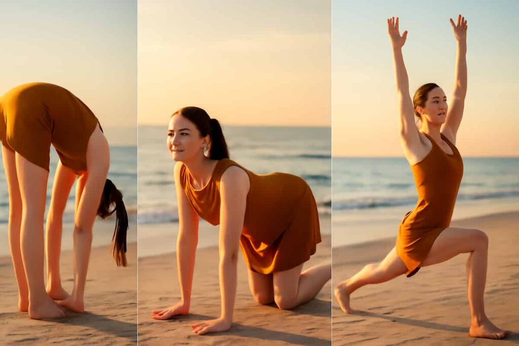 A fair-skinned woman with blue eyes and brown hair performs warm-up stretches in a dark saffron yoga dress, demonstrating proper preparation with grace and confidence.