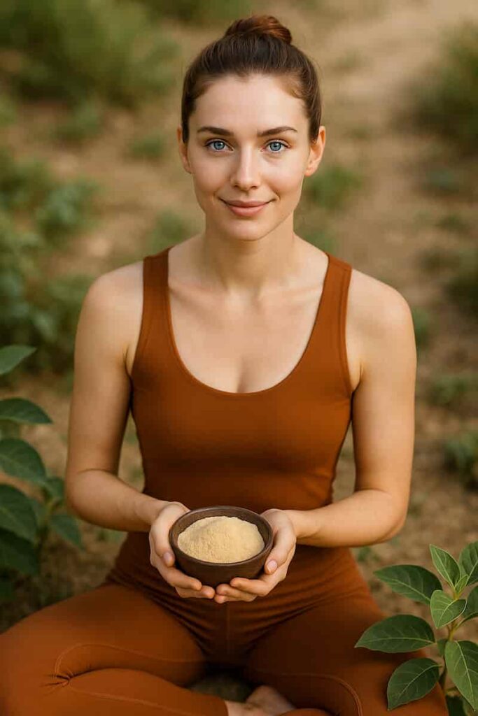 A woman in a saffron yoga dress holding Ashwagandha root in a natural setting, representing Ayurvedic healing benefits.