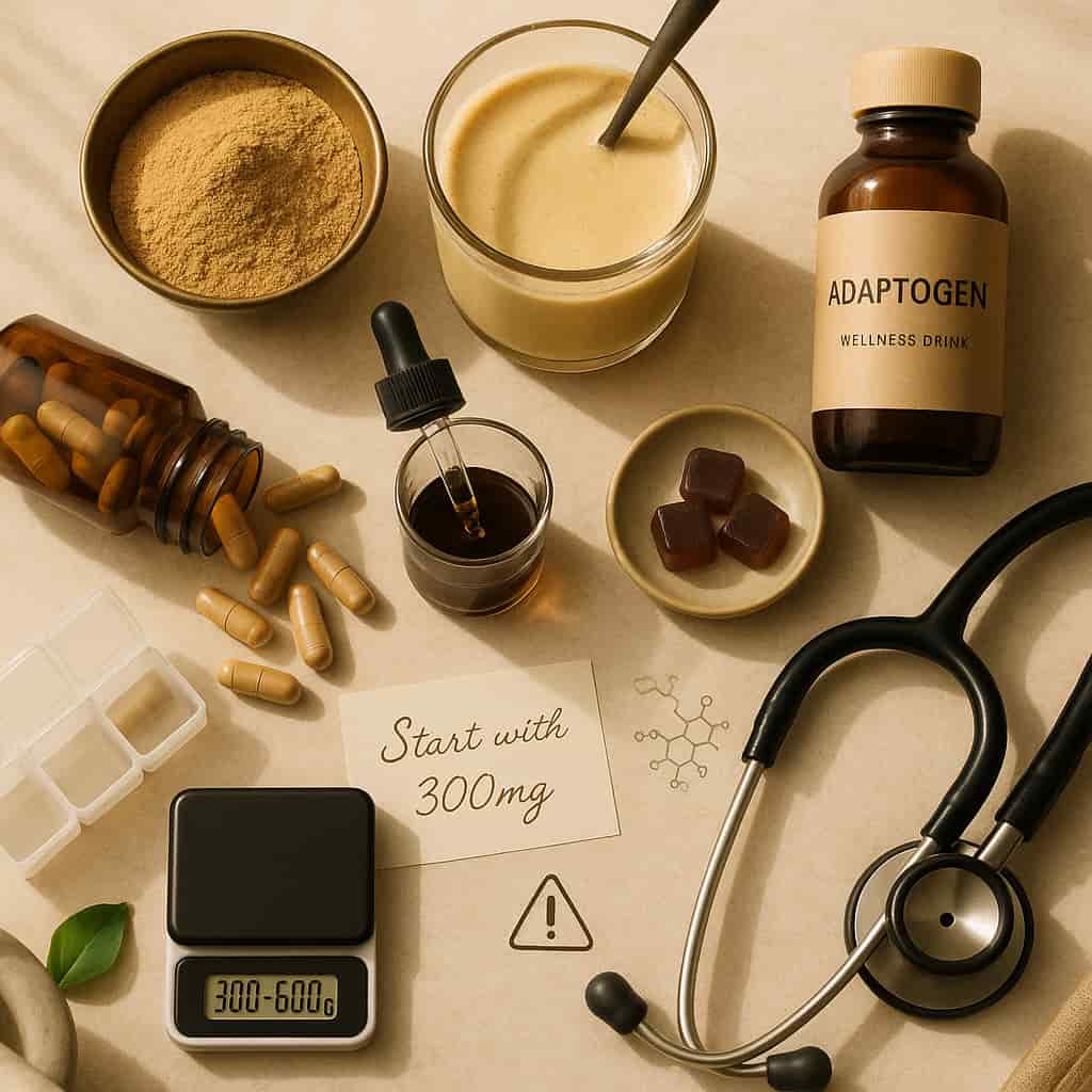 Different forms of - powder, capsules, tincture, and gummies - displayed with measuring tools and dosage guide on a natural background.