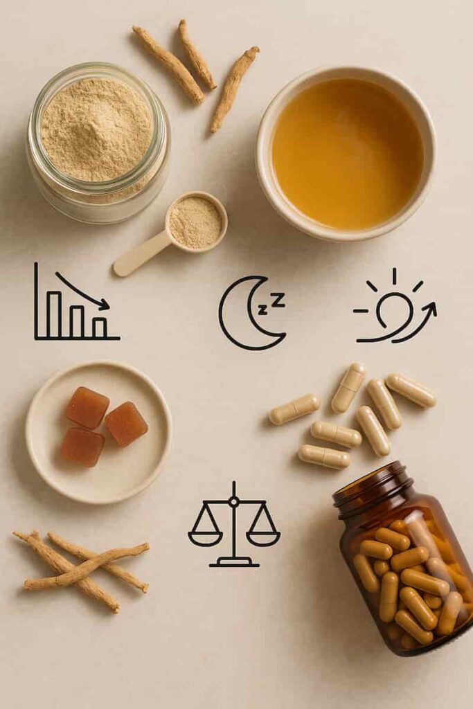Ashwagandha capsules, powder, tea, and gummies displayed with icons for stress relief, sleep, energy, hormones, and brain health on a light natural background.