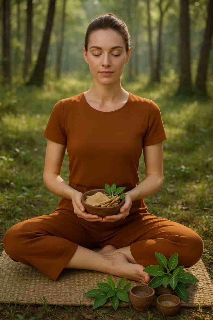 A young woman in dark saffron yoga wear holds ashwagandha root in a bowl, surrounded by leaves in nature.