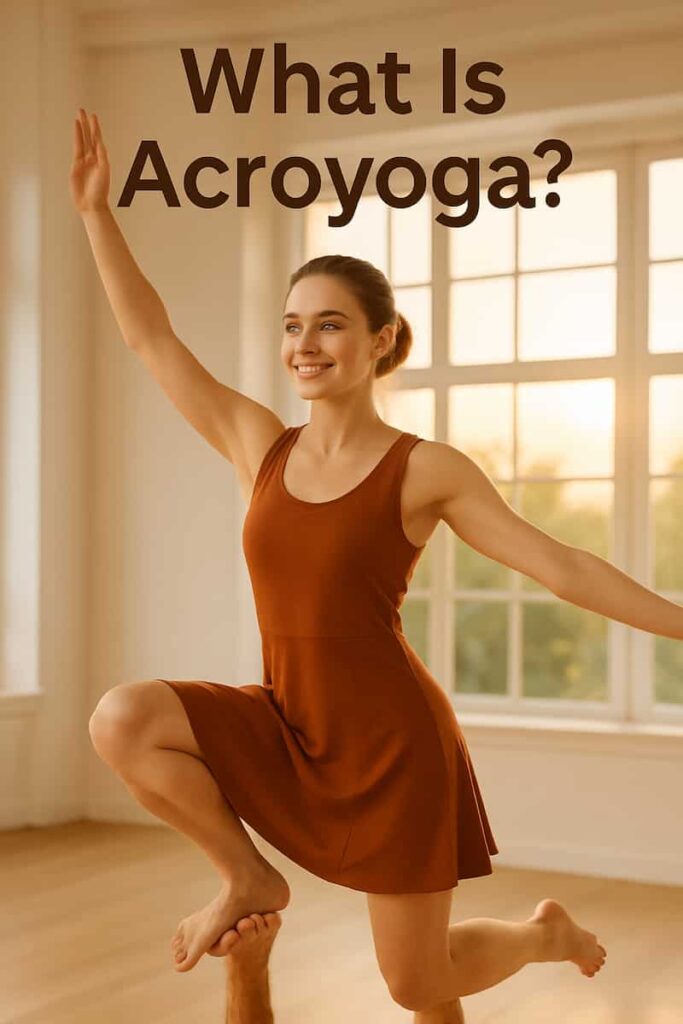 A young fair-skinned woman with blue eyes and brown hair practices acroyoga in a dark saffron yoga dress, smiling confidently as she balances in an elegant pose with a partner