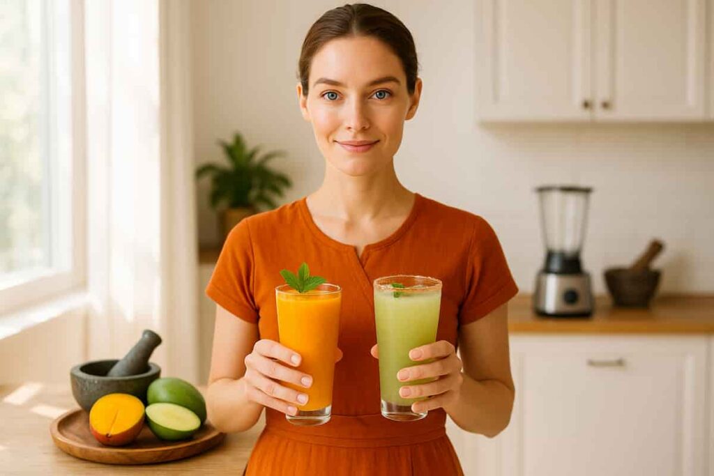 A happy young woman holding fresh homemade mango juice with ripe mangoes on the side.