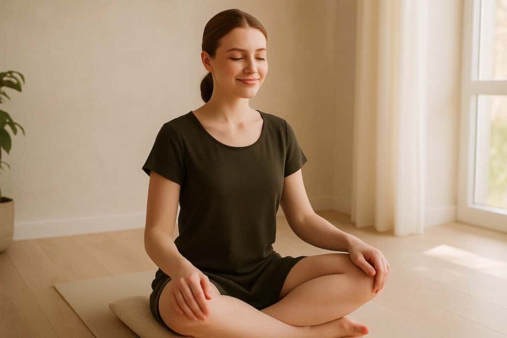 Young woman smiling peacefully after 5-minute meditation, seated in a dark casual dress with eyes closed, embodying mindfulness and relaxation