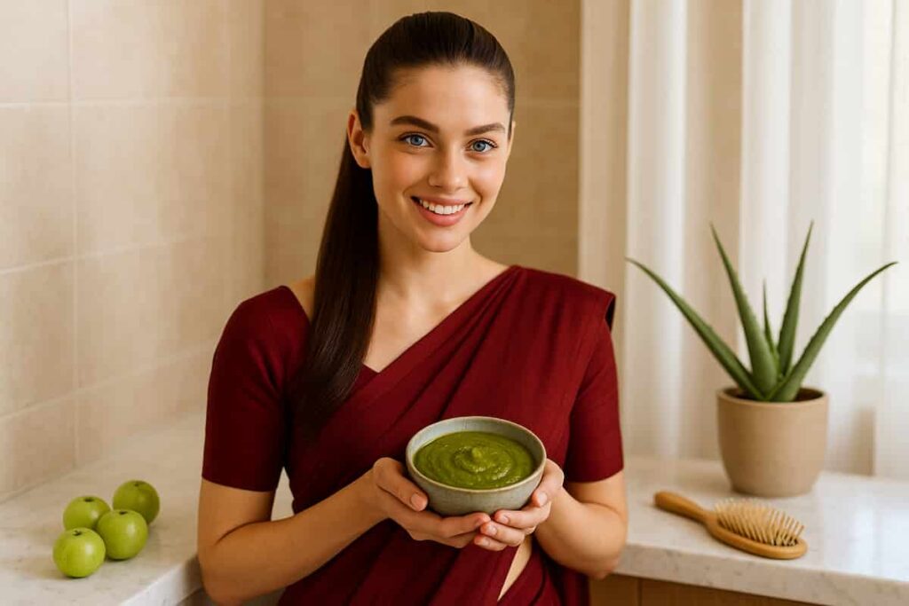 Serene woman in red silk saree preparing fresh amla hair treatment for natural growth and shine, with amla fruits and oil.