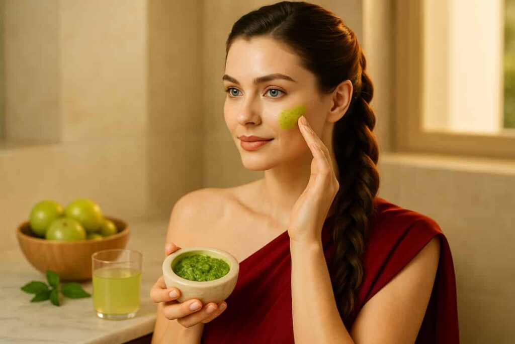 applying fresh amla paste for glowing skin and healthy hair, with amla fruits and herbs.