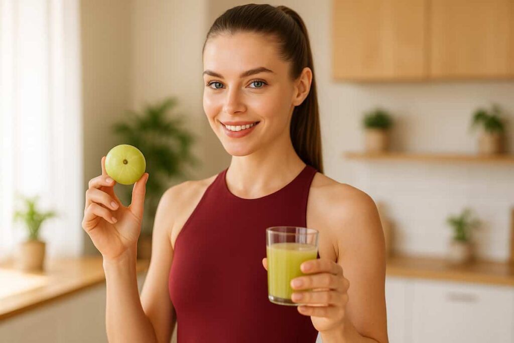 Young woman in red yoga dress holding amla fruit and juice, showcasing daily wellness tips for hair, skin, and health