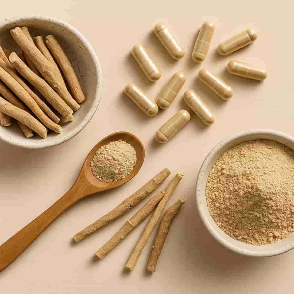 Ashwagandha roots, powder, and capsules arranged naturally to reflect its stress, sleep, and energy benefits