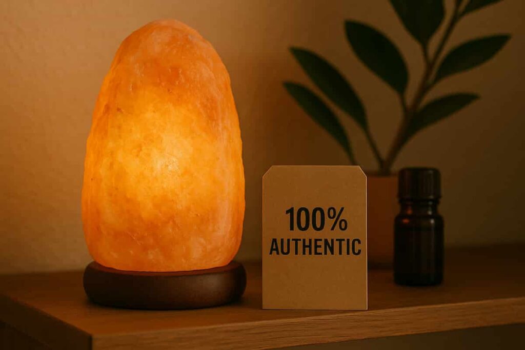 lamp glowing next to authenticity tag and lavender oil.