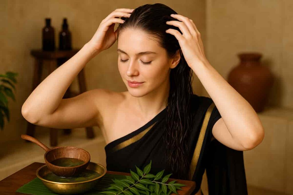 Young woman performing traditional neem leaf hair treatment, using neem water rinse and oil massage while wearing elegant black saree