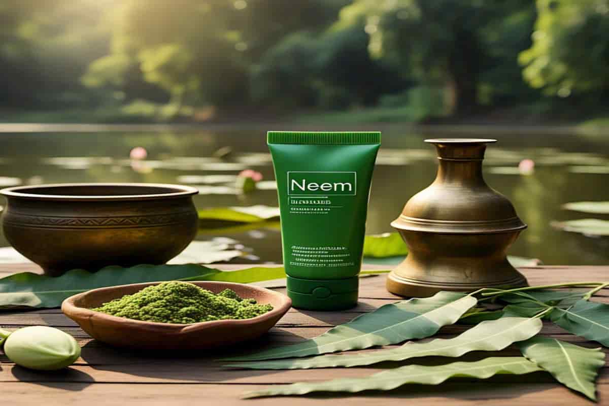 Ayurvedic ingredients and leaves arranged beside a serene lake – a natural remedy for clear, healthy skin.