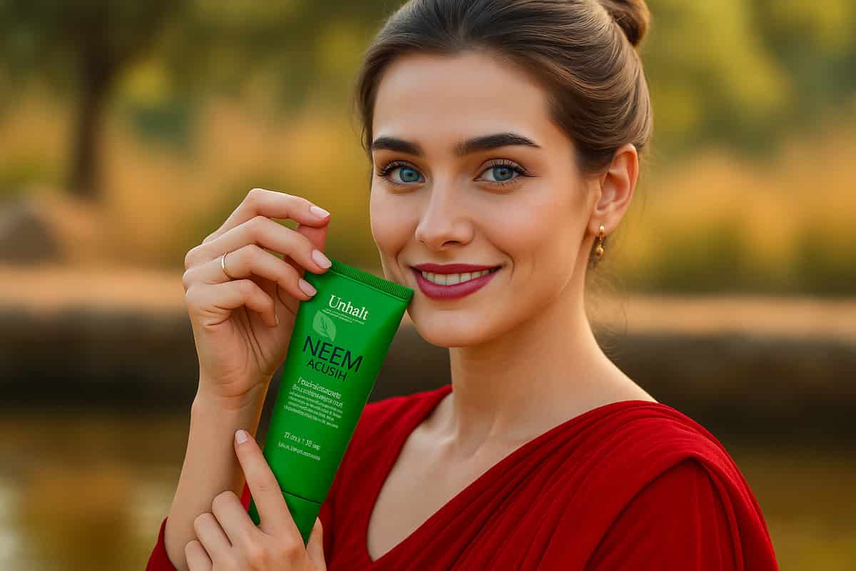 woman with very fair skin, blue eyes, and brown hair tied in a neat bun holding a neem facewash. She wears a modern dark saffron-colored saree, with a peaceful, confident expression – representing natural skincare and healthy beauty.