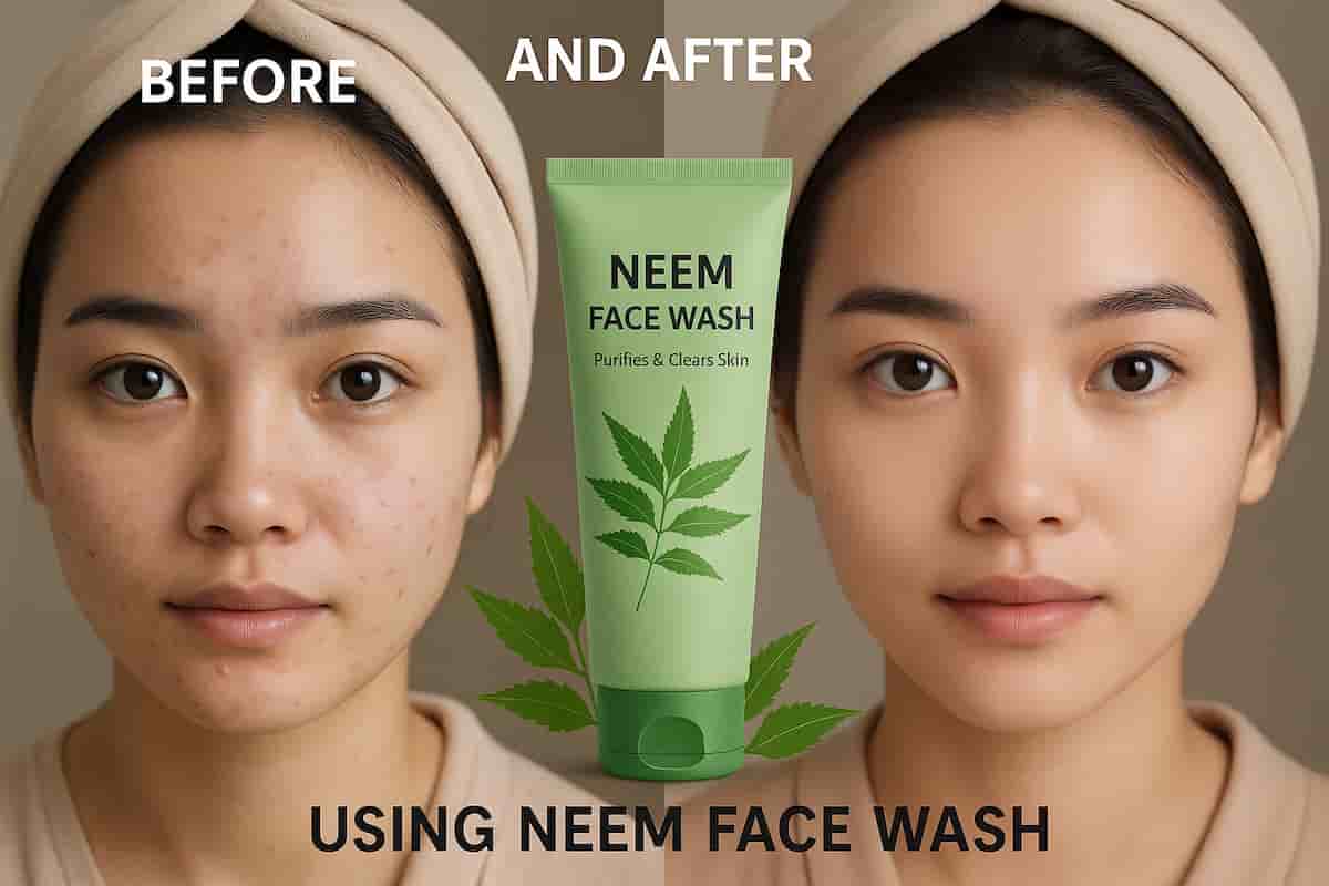 Before and after comparison of a young woman using neem face wash, showing acne-prone skin transformed into clear and healthy skin with a neem face wash tube in the center