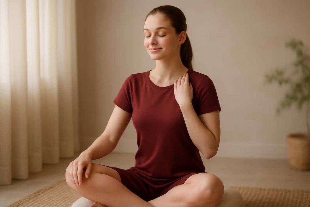 Young woman mindfully scanning her body during meditation, seated in a dark dress with eyes closed and a peaceful smile