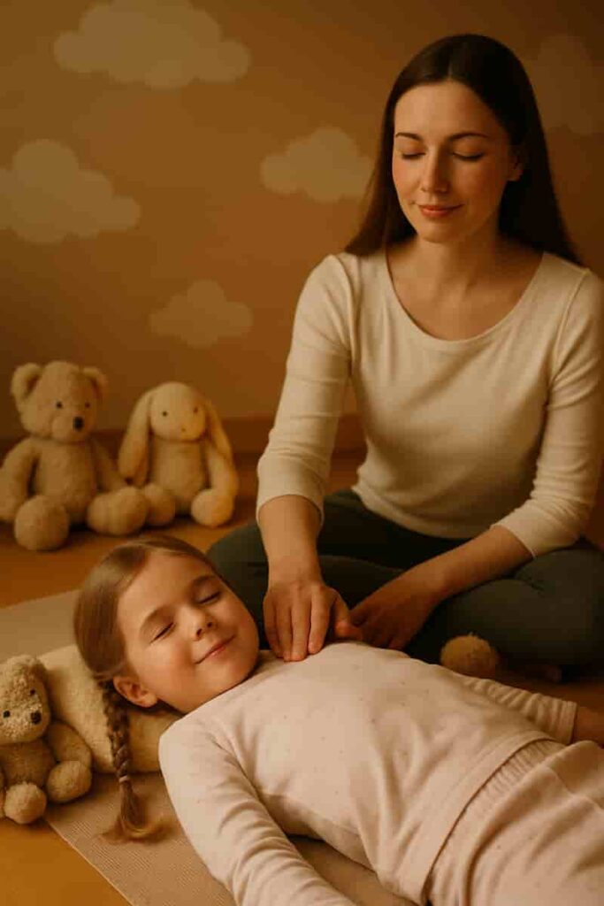 A young girl lying calmly on a yoga mat in a cozy bedroom, practicing body scan meditation for kids.