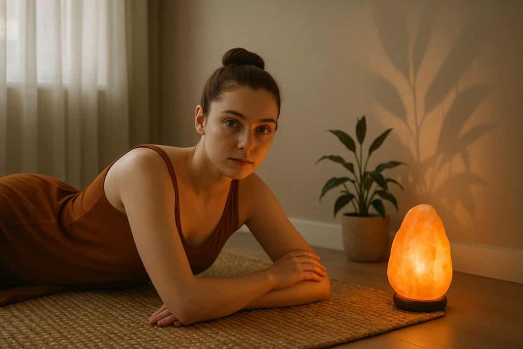 Woman practicing body scan meditation peacefully on a yoga mat in a softly lit room