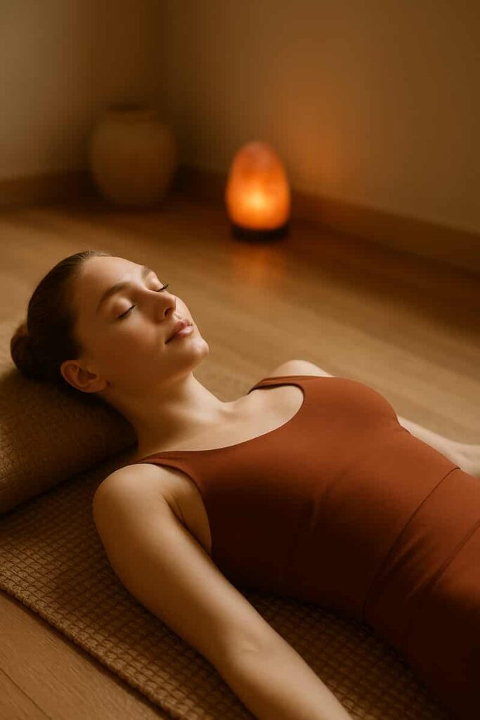 A peaceful young woman in a dark saffron yoga dress lying on a mat, practicing body scan meditation with eyes closed.