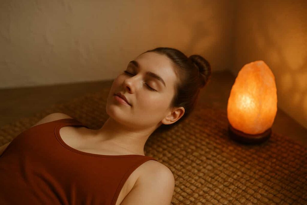 A young woman in a dark saffron yoga dress lies calmly on a woven mat, practicing body scan meditation beside the warm glow of a Himalayan salt lamp