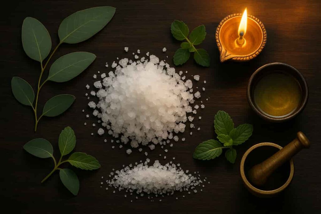 Lifestyle Choice & SLS Living Camphor crystals, diya flame, and herbs showcasing health, skin, and spiritual benefits in Ayurveda and home remedies.