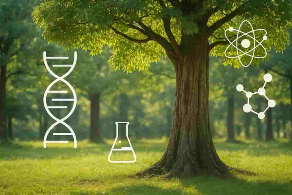 A majestic Cinnamomum camphora tree with scientific elements floating around, symbolizing the fusion of nature and modern research for camphor benefits