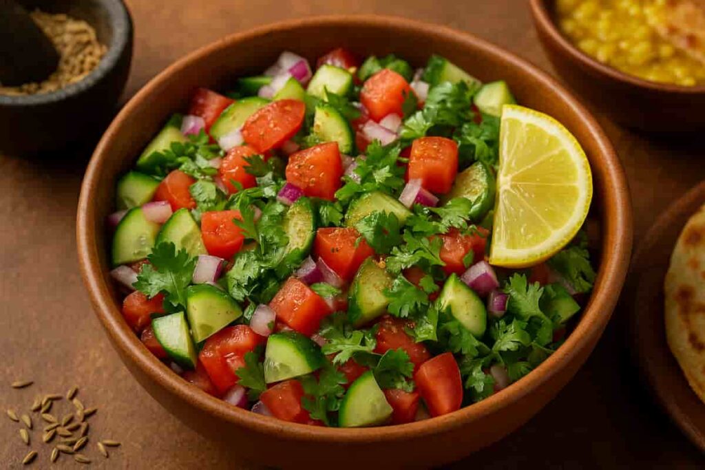Fresh and zesty Indian-style kachumber salad with sliced cucumbers, red onions, tomatoes, lemon wedges, and coriander leaves, sprinkled with roasted cumin powder