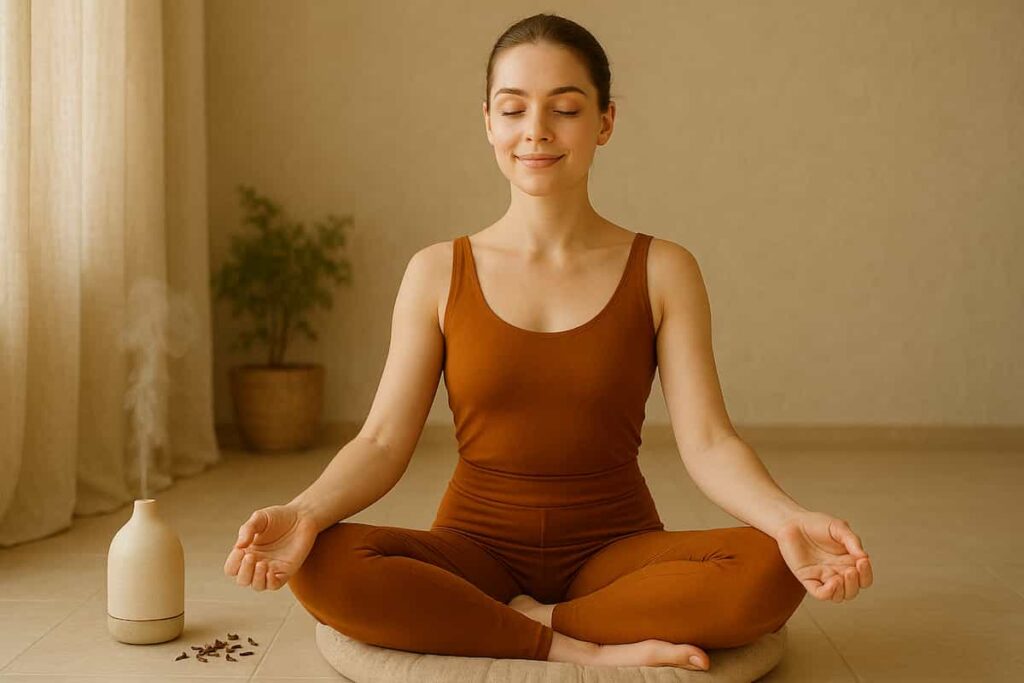 Woman in saffron yoga dress meditating diffuser for stress relief