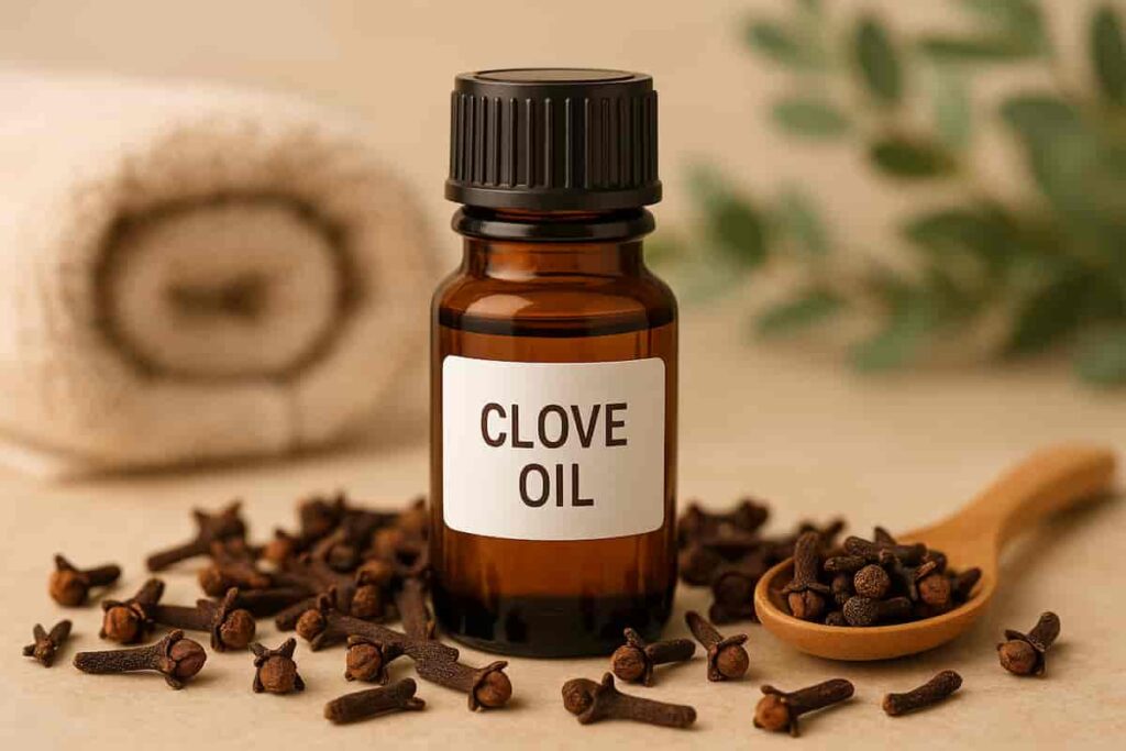 Amber glass bottle of clove oil with dried cloves – natural wellness remedy