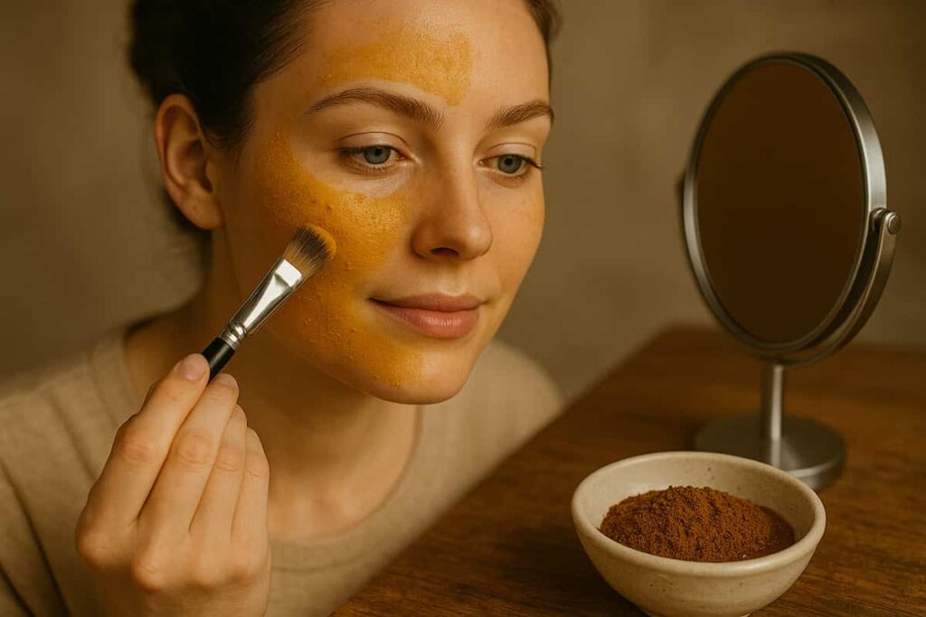 Woman using a clove-based natural paste to treat acne spots.