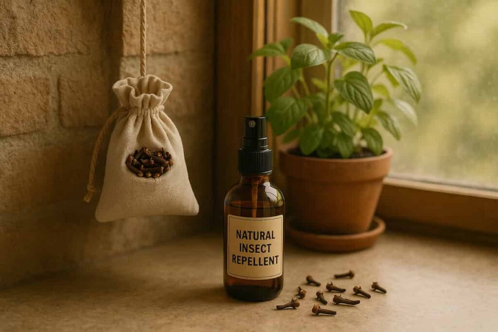 Clove spice used in a DIY insect repellent spray in a kitchen herb setup