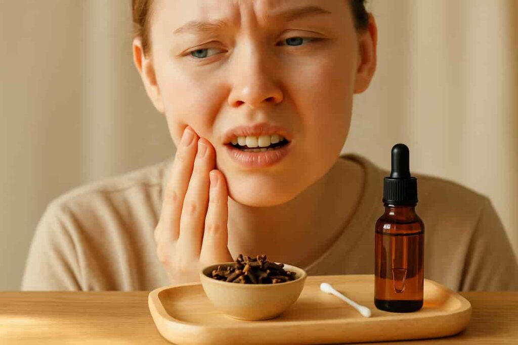 Woman using clove spice and oil for natural toothache relief at home