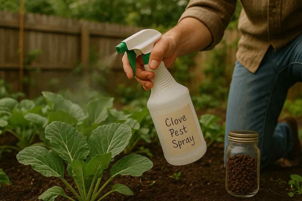 Organic pest control using spray in a backyard garden.