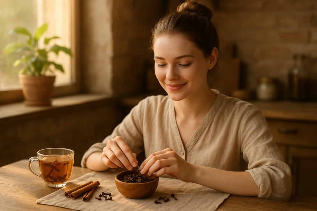 A young woman preparing clove spice in a cozy kitchen with herbal tea and natural ingredients, symbolizing wellness and Ayurvedic home remedies.