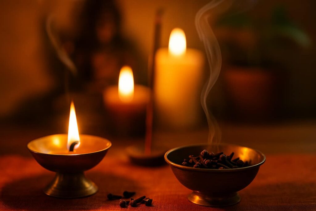 Burning cloves in a diya for energy cleansing in a spiritual ritual.