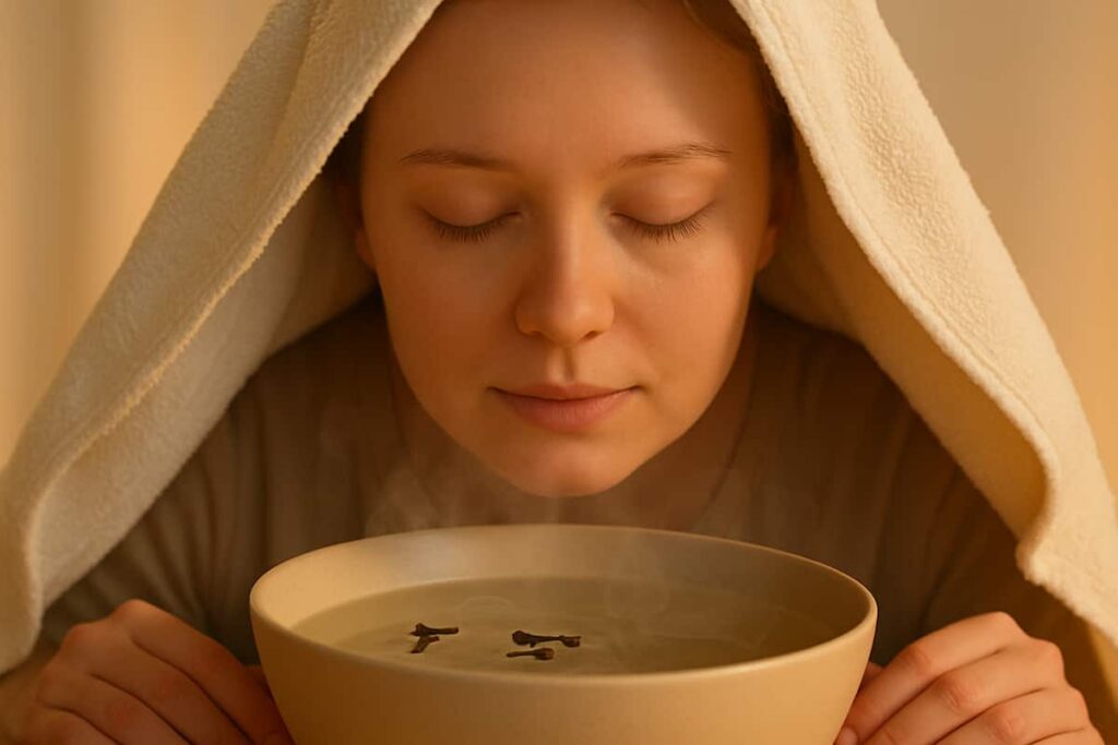 Woman doing steam inhalation with clove spice for sinus relief.