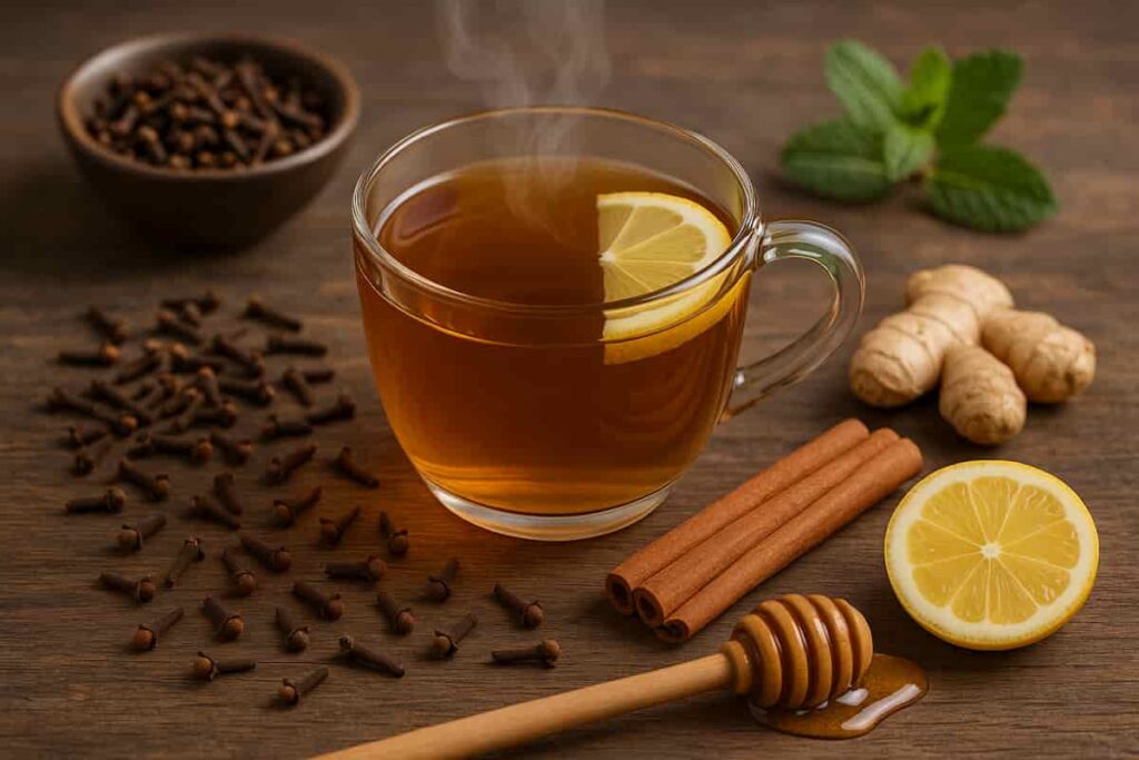 Clove tea in a cup with whole cloves, cinnamon, ginger, and honey on a wooden table, illustrating the health benefits, recipe, and side effects of clove tea