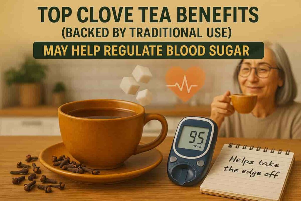 Clove tea with whole cloves and glucose meter, highlighting potential blood sugar regulation benefits for diabetes support