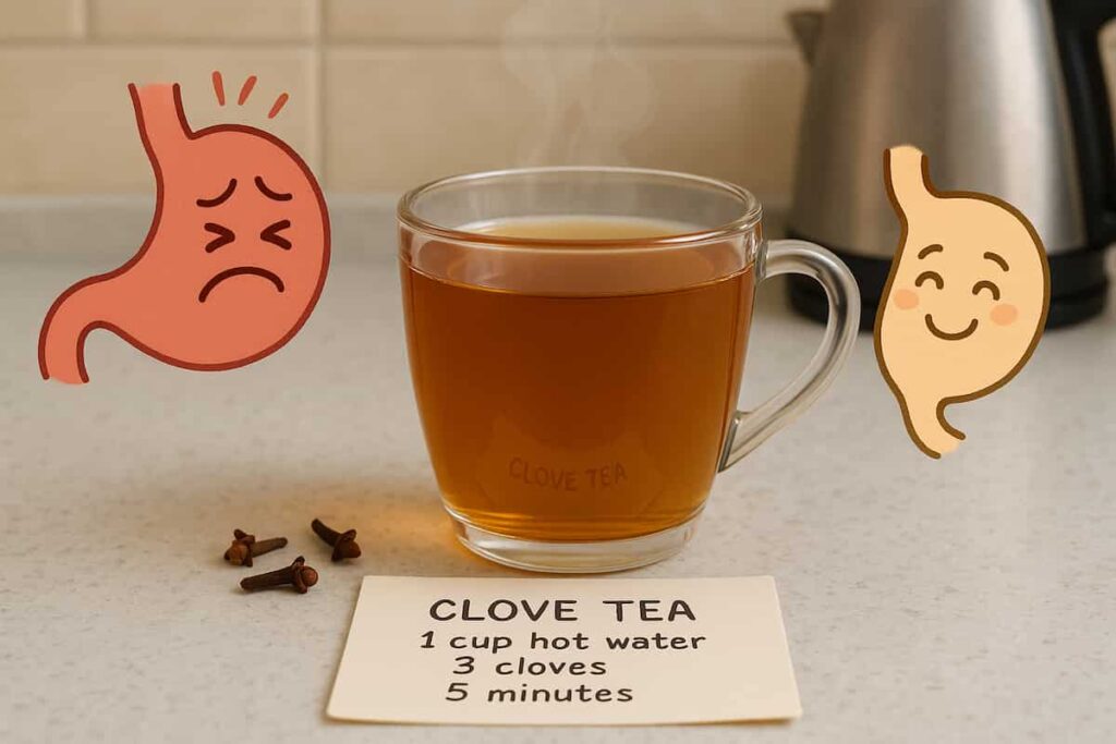 Clove tea with whole cloves and recipe card, highlighting its digestive benefits and soothing effect on bloating and stomach discomfort