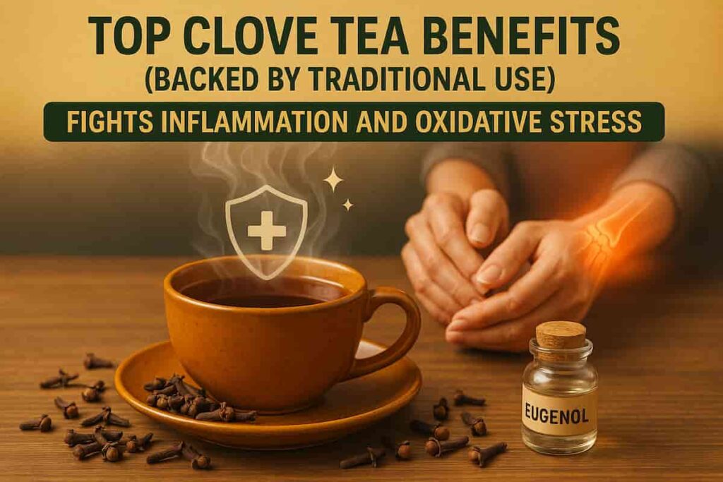 Clove tea with whole cloves and eugenol jar, symbolizing antioxidant and anti-inflammatory benefits for joint and cellular health