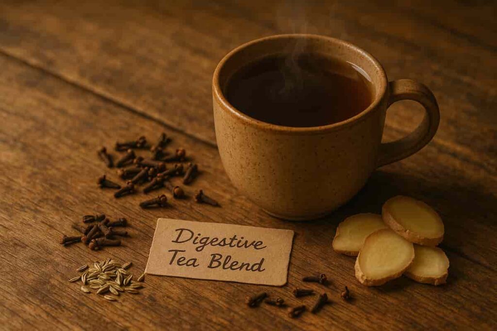 Herbal clove tea with ginger and fennel for indigestion relief.