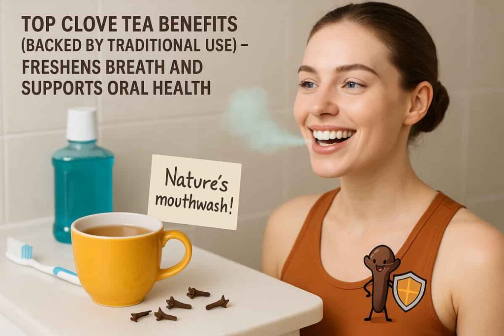 Clove tea with whole cloves, toothbrush, and smiling mouth, illustrating natural breath freshening and oral health benefits without chemical mouthwash