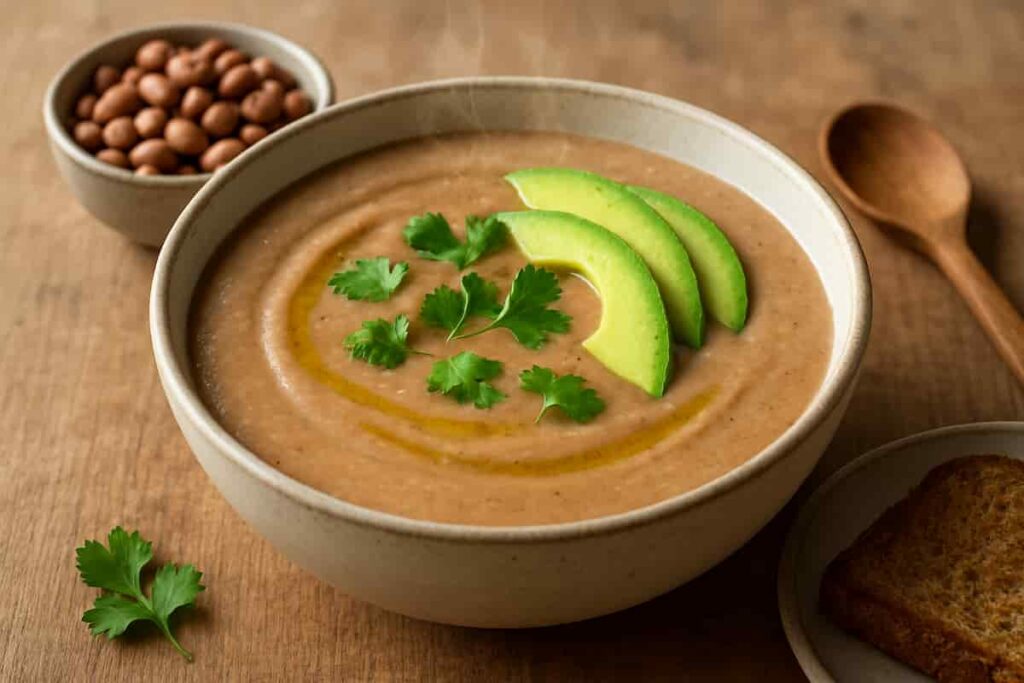 Creamy vegan soup garnished with avocado and cilantro, served in a rustic bowl with whole grain toast on the side.