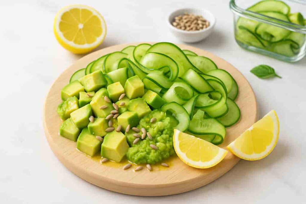Fresh and creamy cucumber avocado salad with lemon zest, olive oil drizzle, and crunchy sunflower seeds on a light wooden board