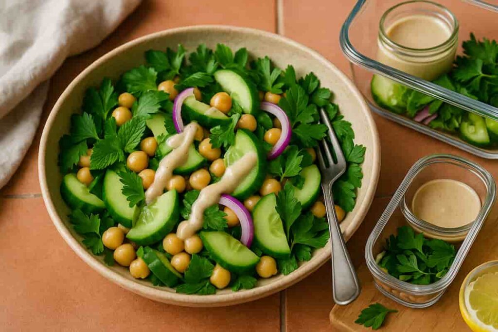 Vibrant plant-powered with crisp cucumbers, chickpeas, fresh parsley, red onions, and creamy tahini drizzle in a rustic bowl.