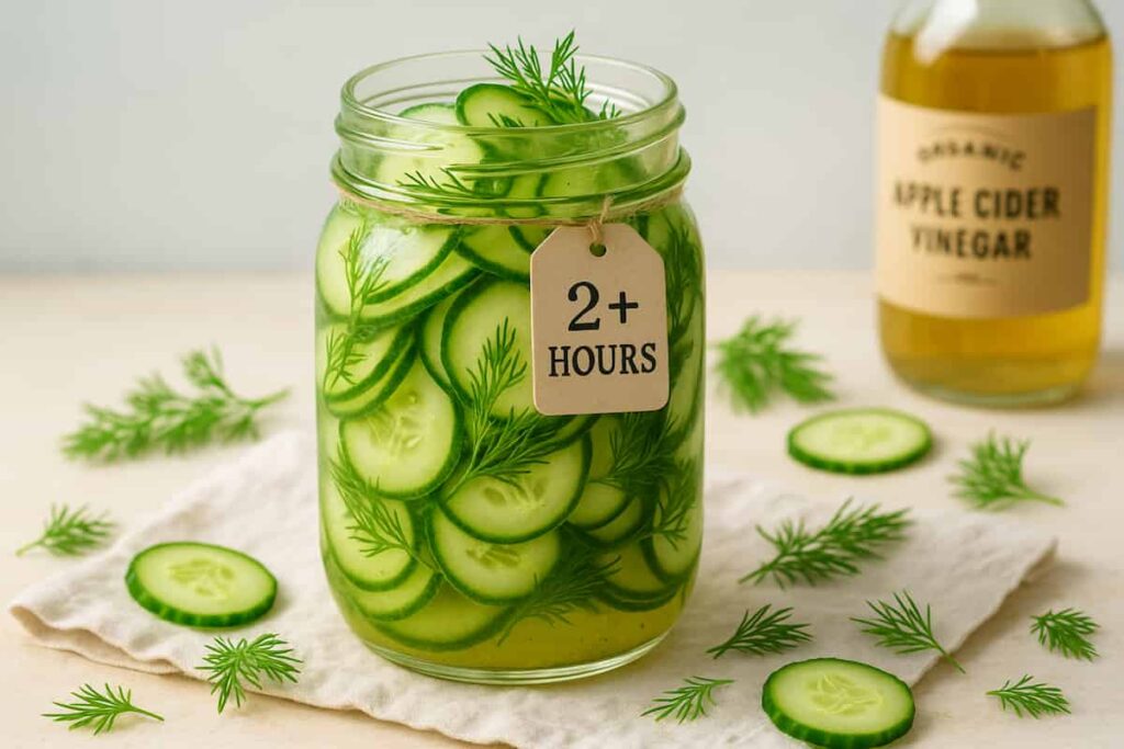 Hydrating cucumber and fresh dill salad marinated in apple cider vinegar with maple syrup, served in a mason jar to show make-ahead freshness.