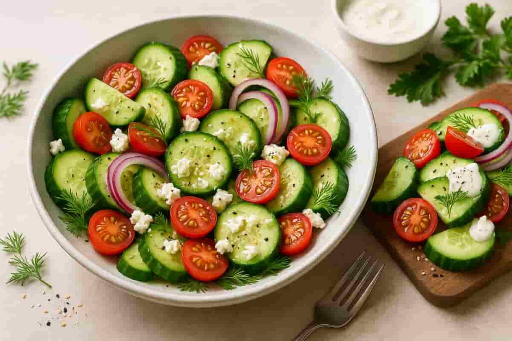 Colorful and fresh cucumber salad recipes with mixed ingredients like cherry tomatoes, red onions, feta cheese, herbs, and a tangy dressing in a rustic bowl