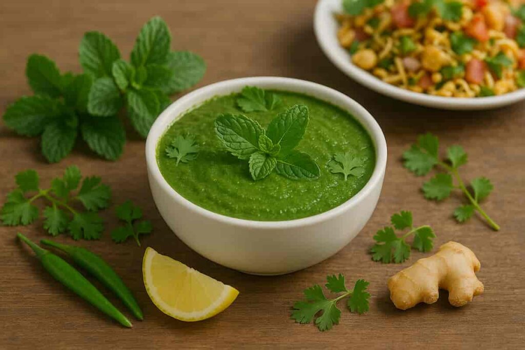 Dhaniya in a bowl with fresh coriander, mint, green chilies, lemon, and ginger, served with Indian chaat and snacks