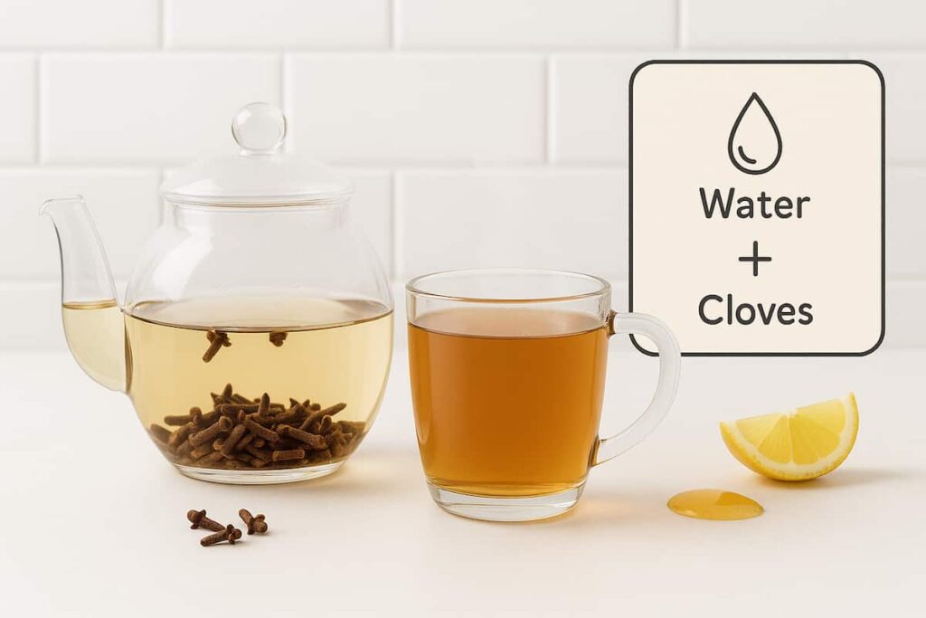 Steaming tea in a clear teapot, showcasing a simple 2-ingredient recipe with water and cloves