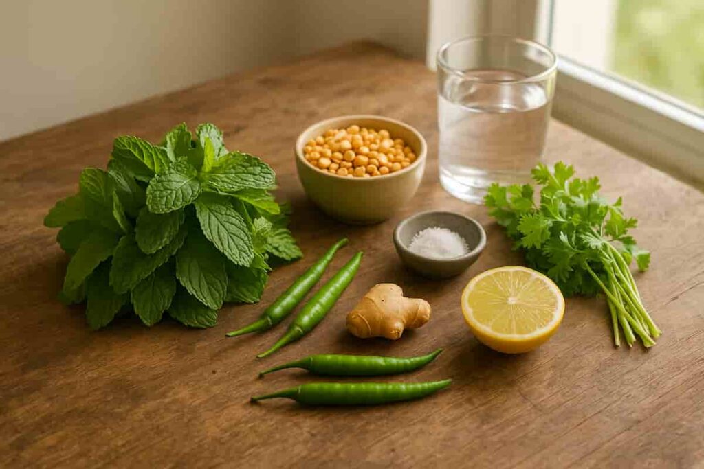 Fresh ingredients for easy pudina chutney recipe including mint, coriander, green chilies, ginger, lemon, roasted chana dal, salt, and water on a wooden table