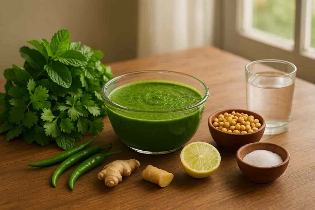 Step-by-step easy pudina chutney recipe with fresh mint, coriander, green chilies, ginger, lemon, roasted chana dal, salt, and water in a bright kitchen setting