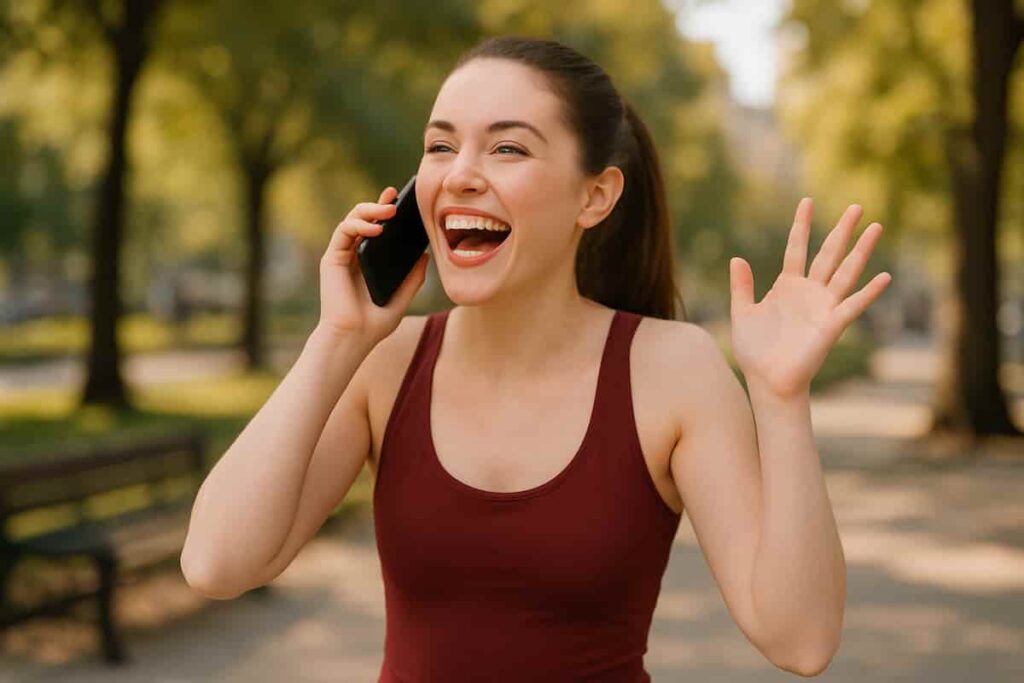Woman laughing joyfully while pretending to talk on the phone during laughter yoga.